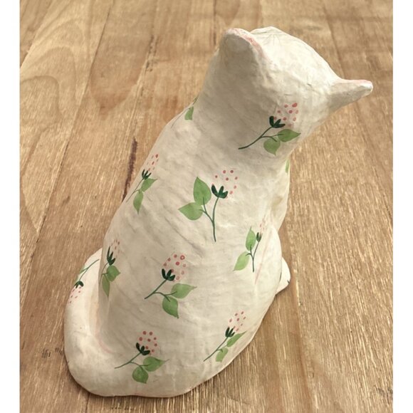 Vintage Paper Mache Hand Painted Cat Shafford Ivory Pink Floral Cottage Girly - Picture 4 of 5